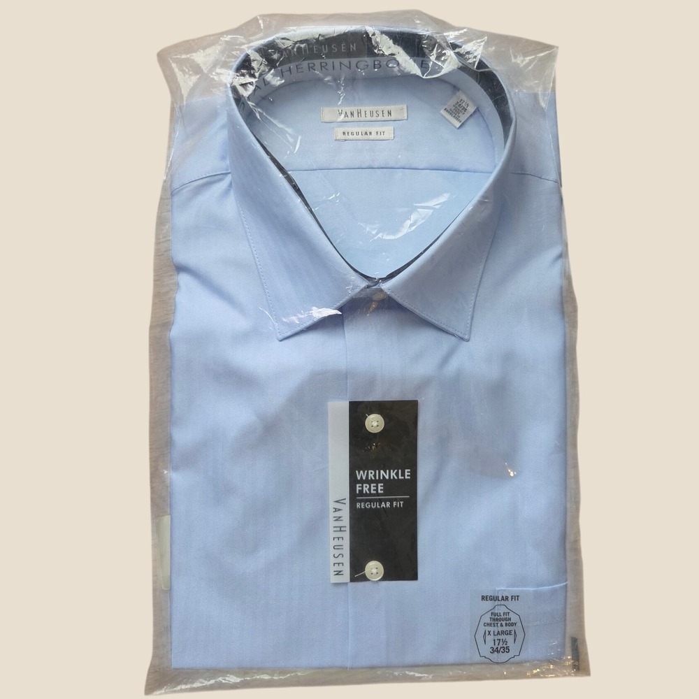 Van Heusen NWT Regular Fit Wrinkle Free Herringbone Dress Shirt Blue 17.5 34/35